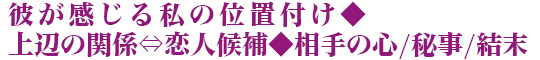 彼が感じる私の位置付け◆上辺の関係⇔恋人候補◆相手の心/秘事/結末